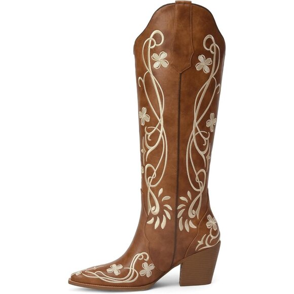 Shoes - Women's Knee High Heel Floral Embroidered Brown Classic Design Western Boots